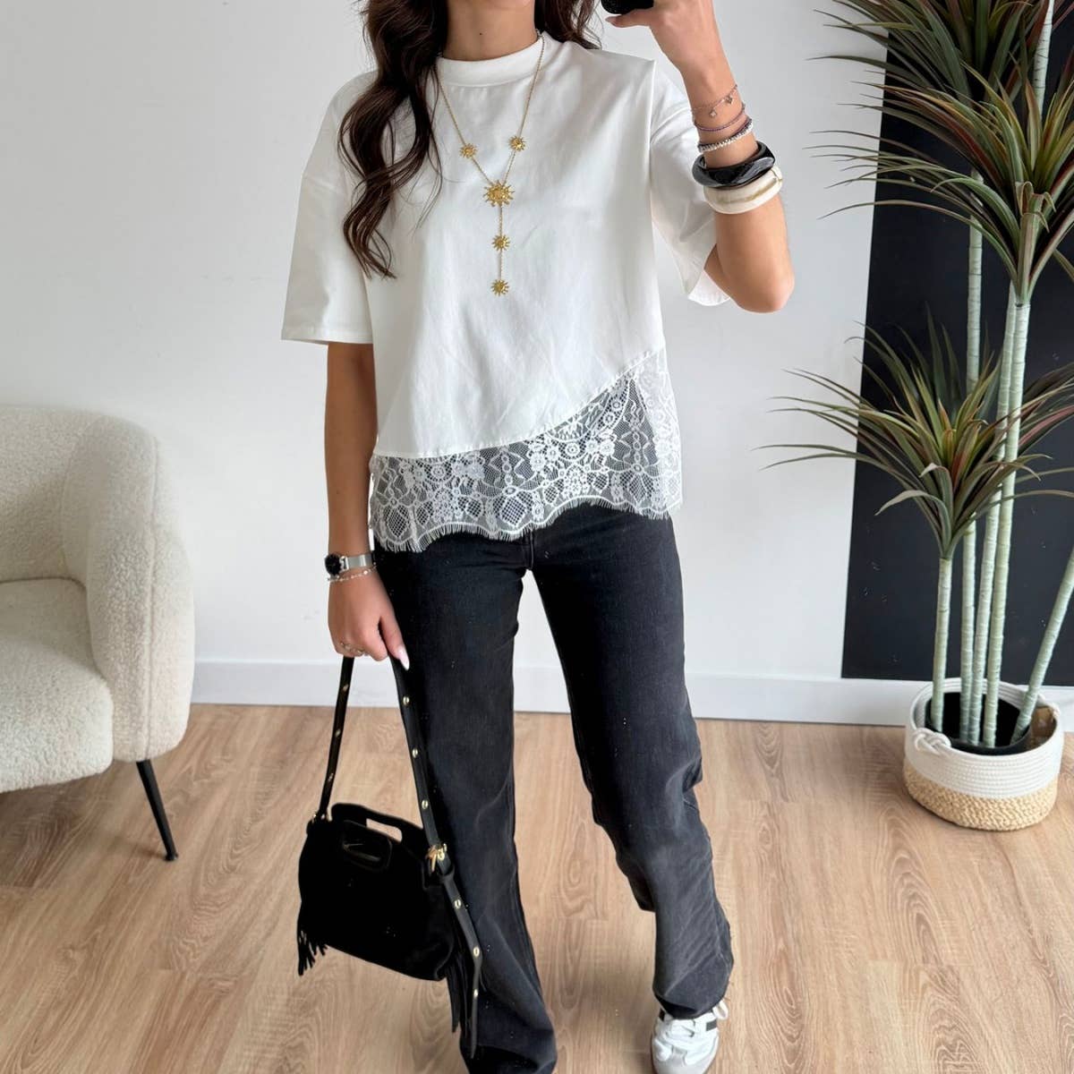 Lace Hem Layered Oversized Tee Top