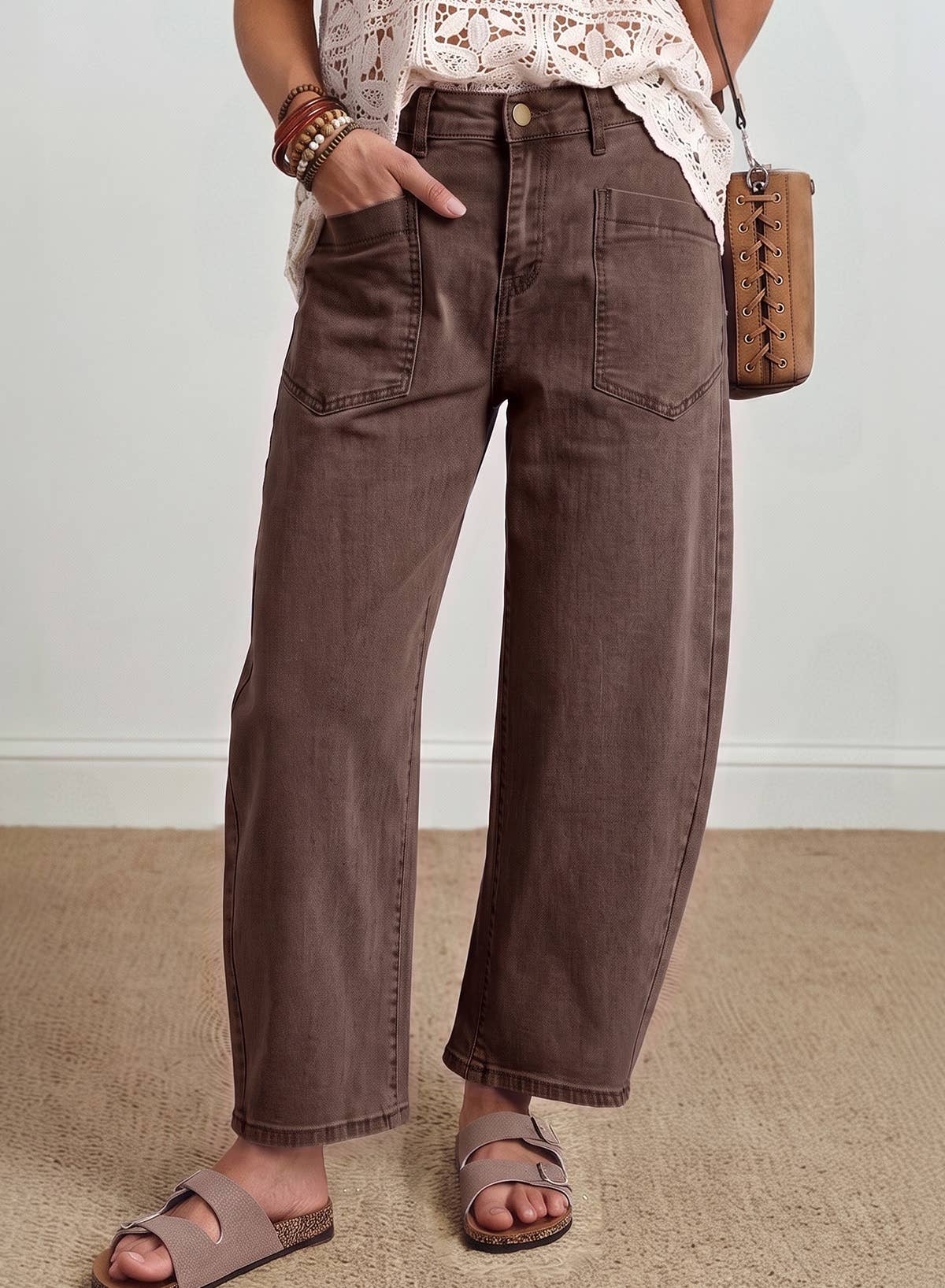 Solid Square Patch Pocket Ankle-length Barrel Jeans
