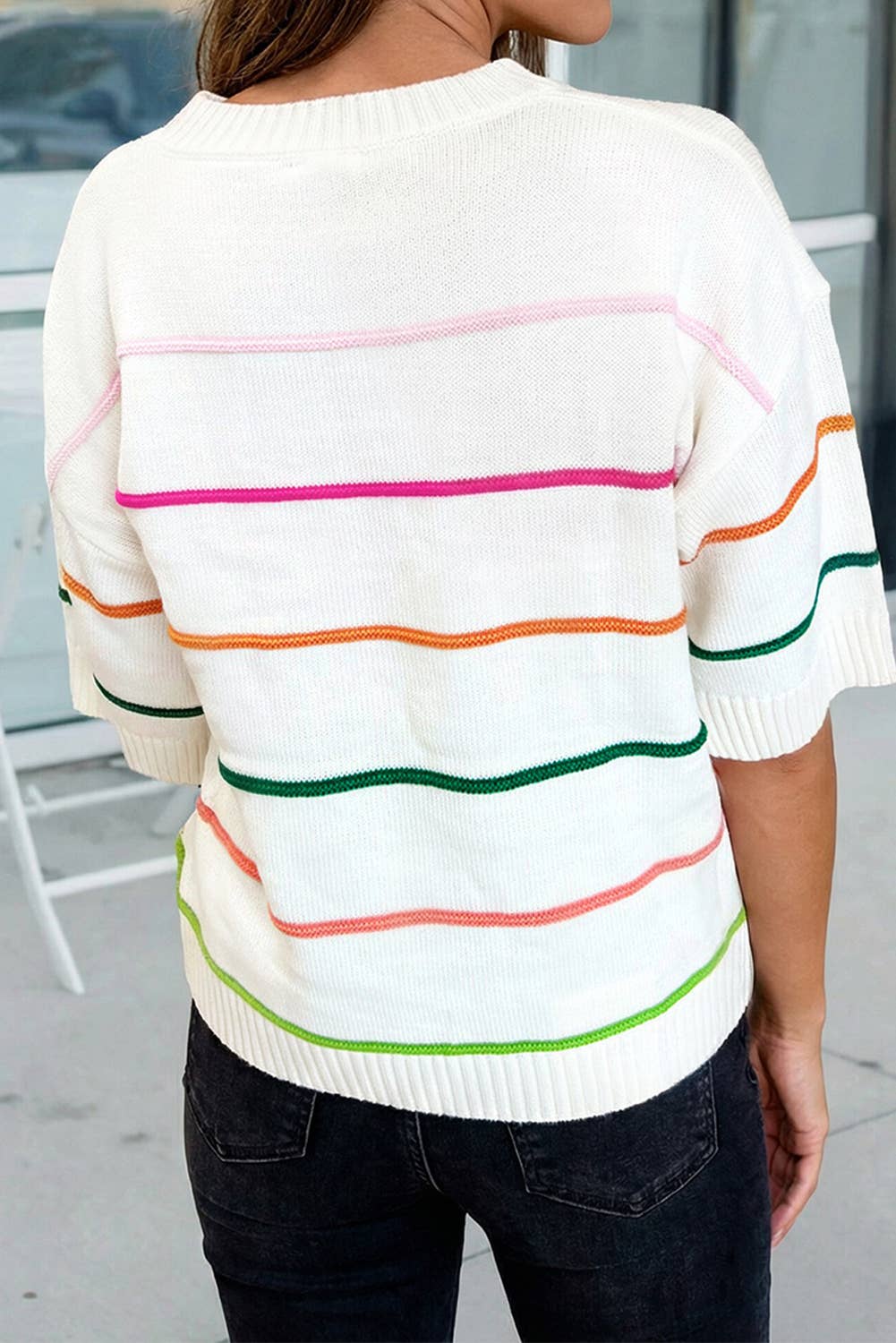Colorblock Striped Half Sleeve Drop Shoulder Sweater