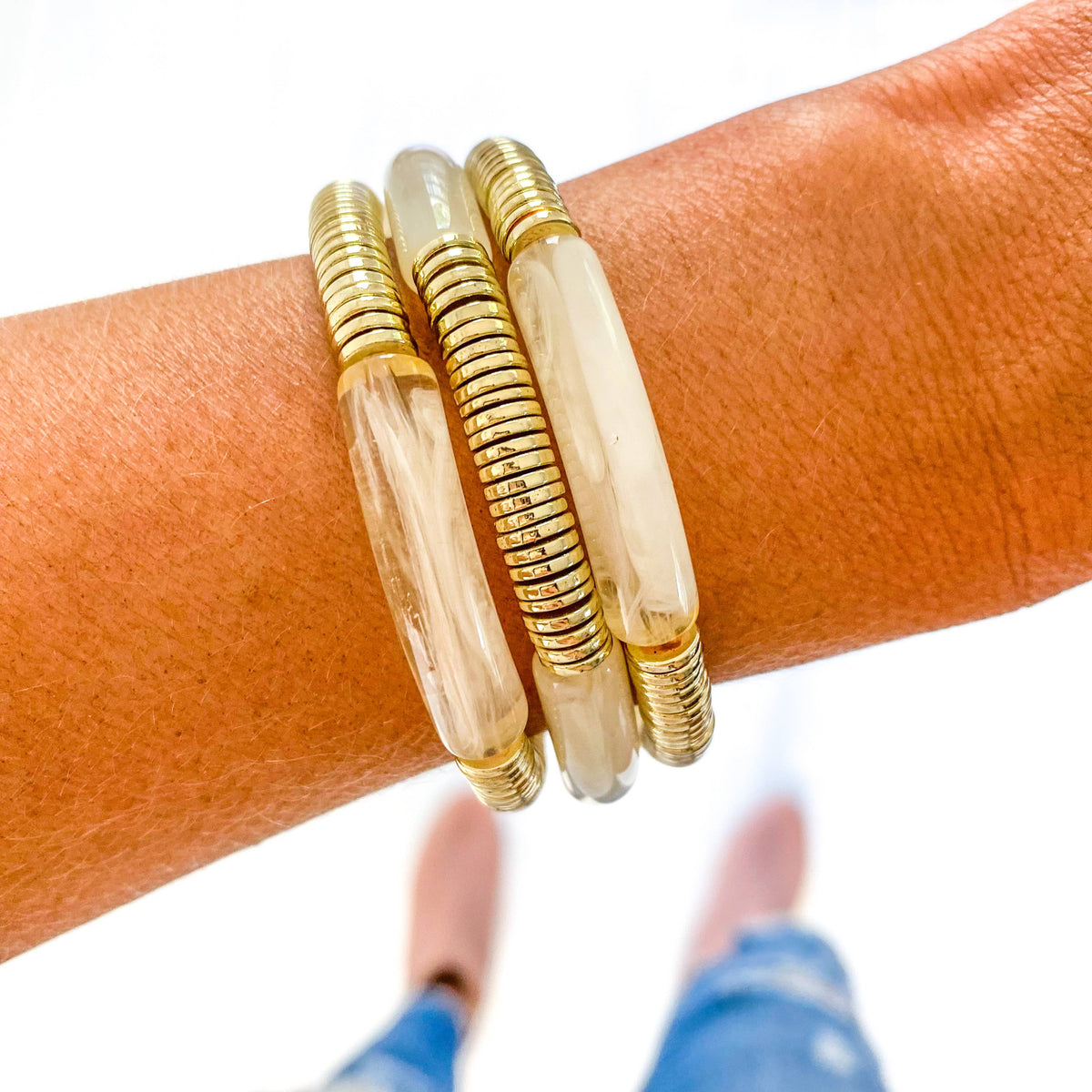Clear Ivory Marble Acrylic Tube Bamboo Bracelet