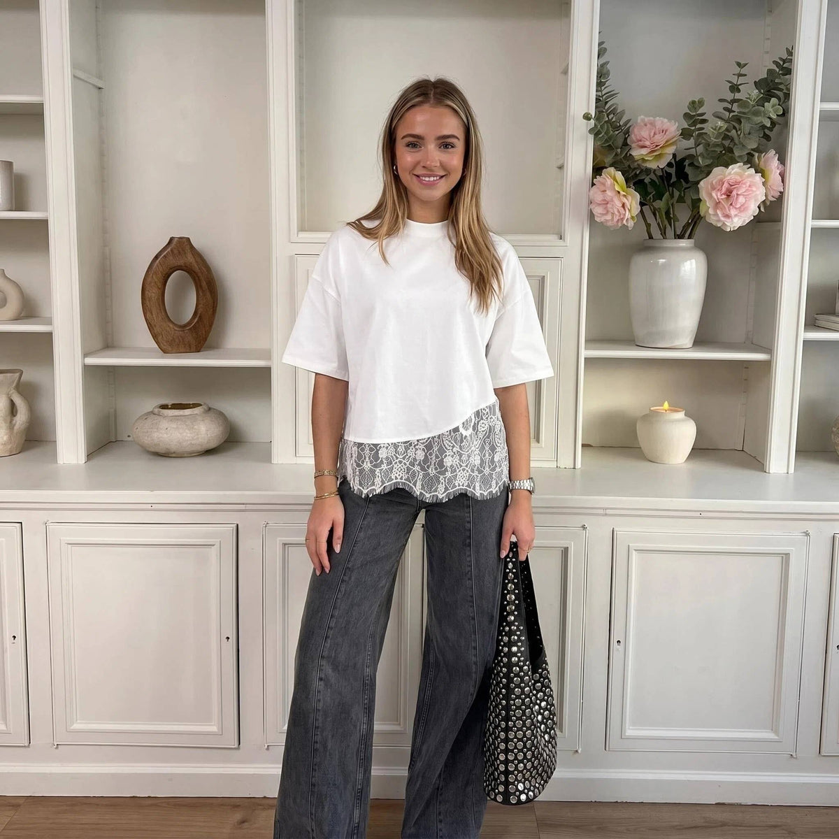 Lace Hem Layered Oversized Tee Top