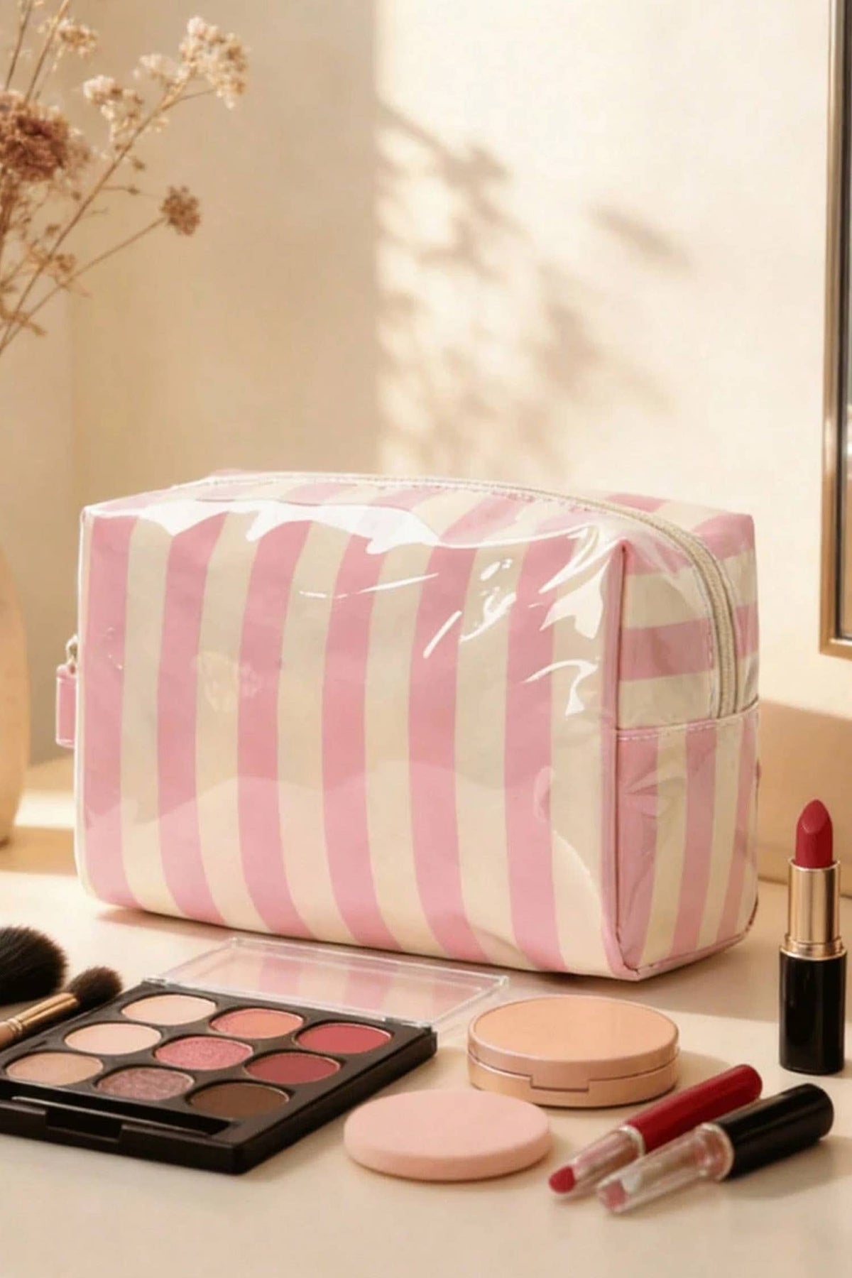 LAS Striped Durable Zipper Handle Cosmetic Bag