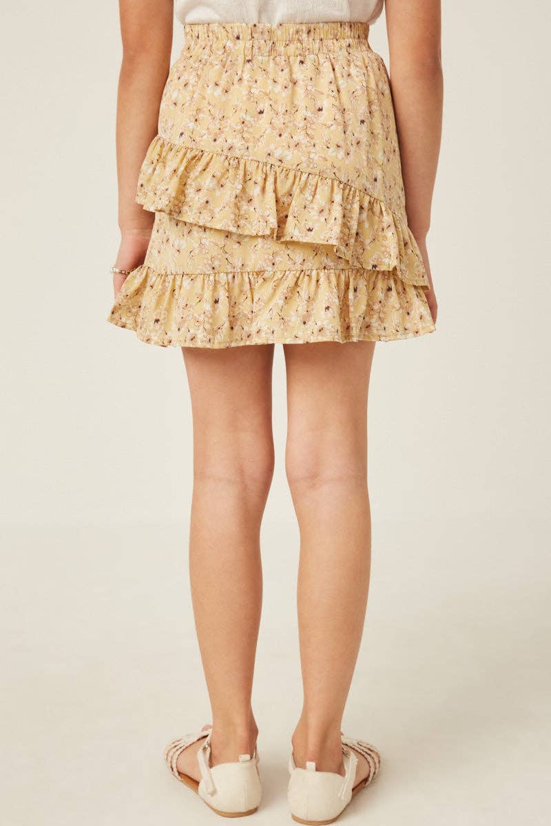Girls Floral Printed Asymmetric Ruffle Skirt