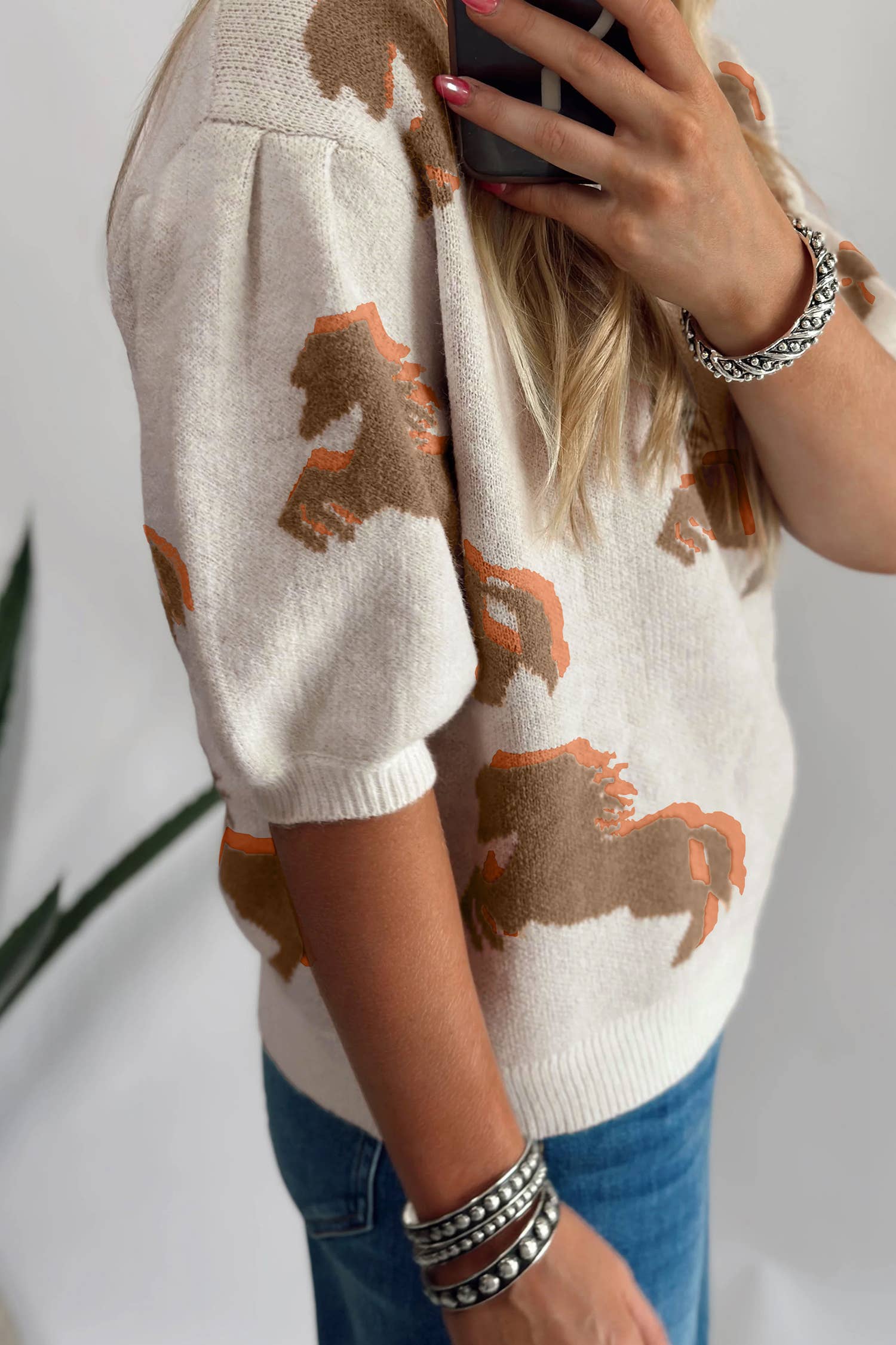 Western Horse Printed Short Puff Sleeve Sweater