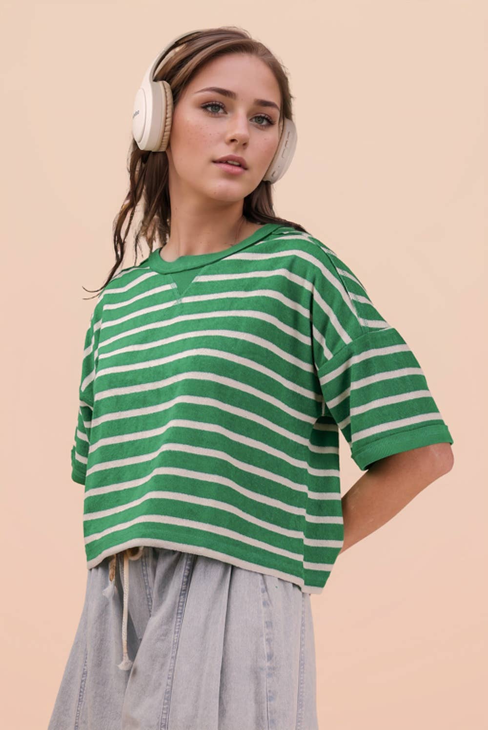 Oversized Striped Knit Top – Drop Shoulder Short Sleeve
