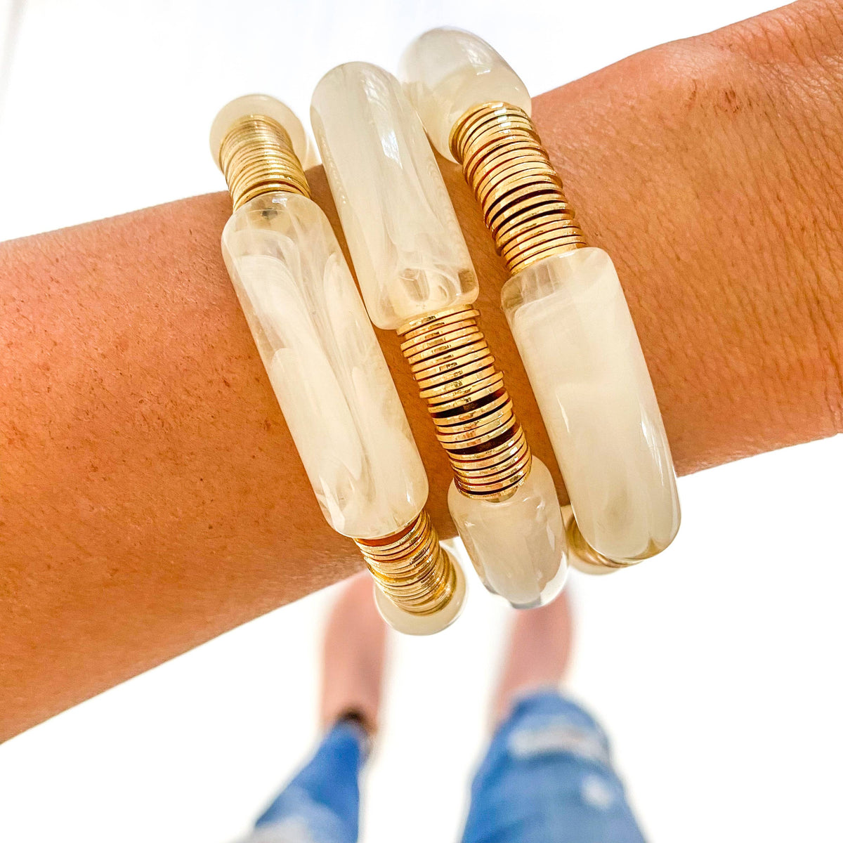 Clear Ivory Marble Acrylic Tube Bamboo Bracelet