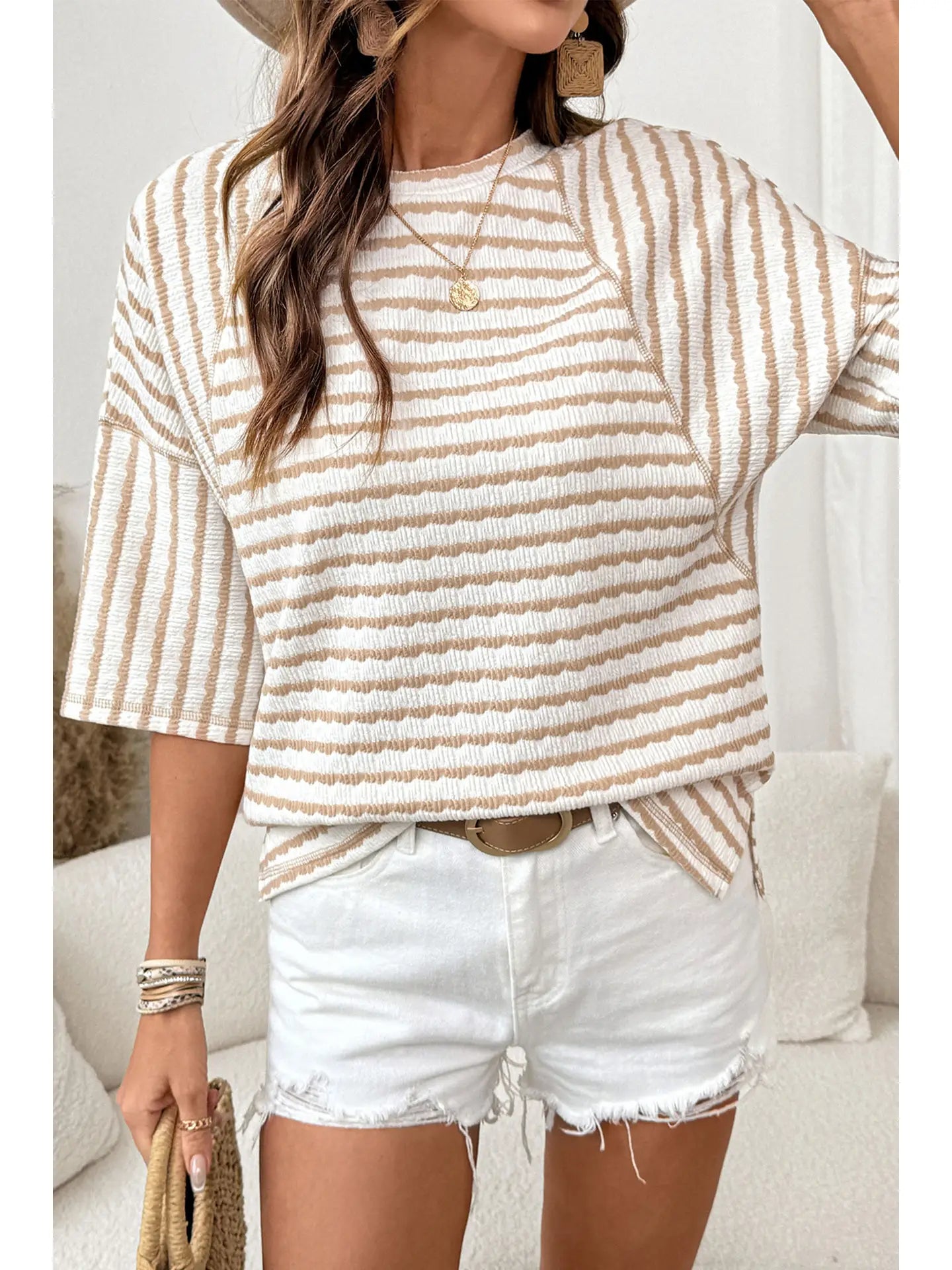 Striped Crew Neck Short Sleeve Blouse
