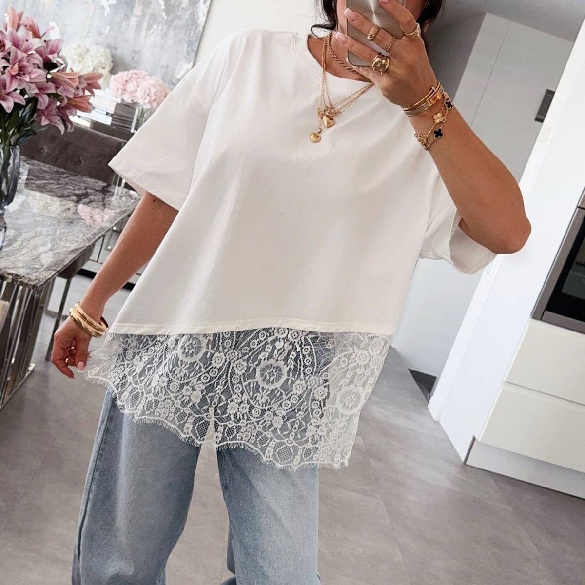 Lace Hem Layered Oversized Tee Top