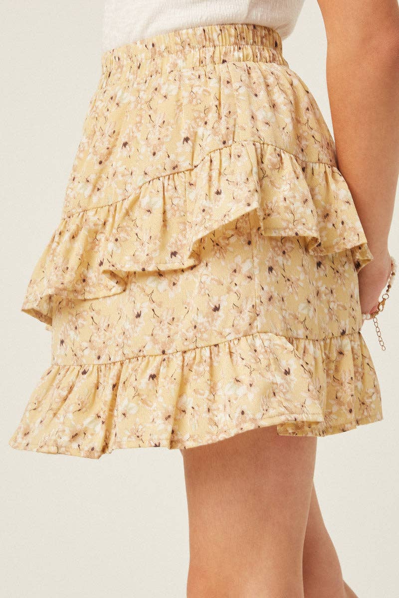 Girls Floral Printed Asymmetric Ruffle Skirt