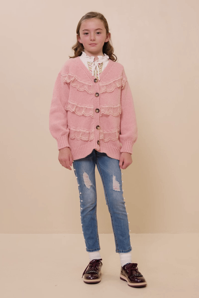 Girls Lace Frilled Buttoned Sweater Cardigan