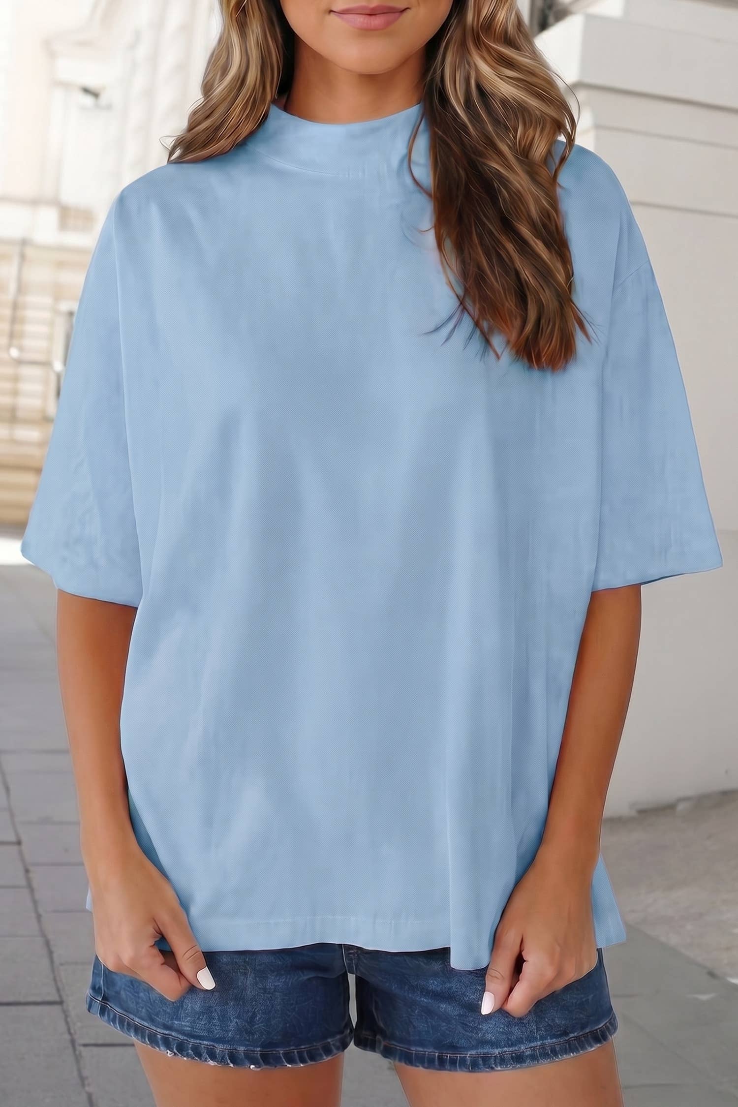 Solid Color Mock Neck Loose Fit Tee | S-XL