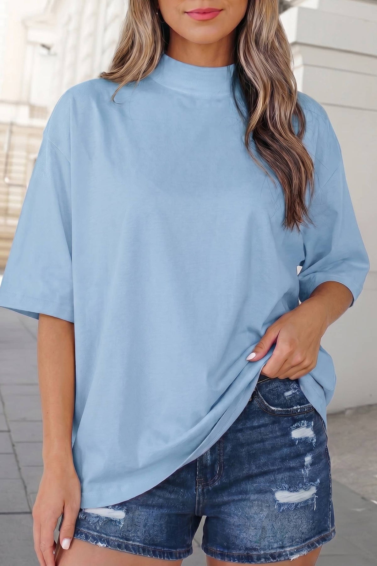 Solid Color Mock Neck Loose Fit Tee | S-XL