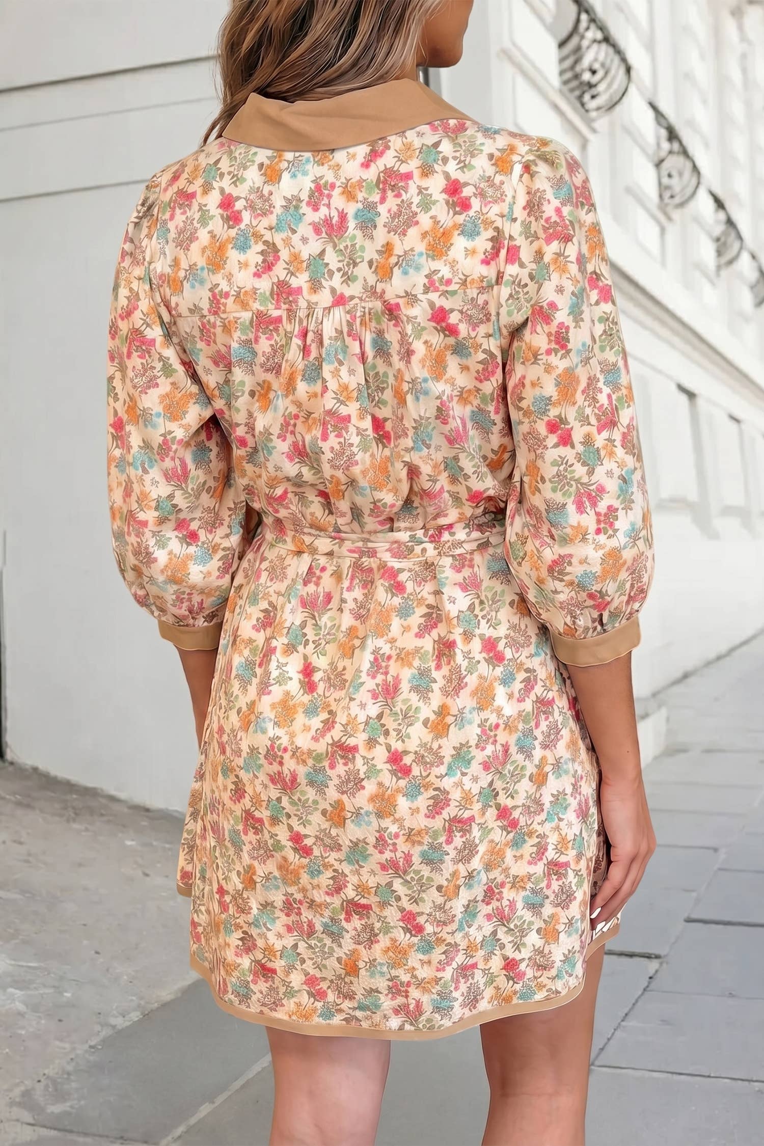 Floral 3/4 Sleeve Buckle Belt Mini Dress | S-XL