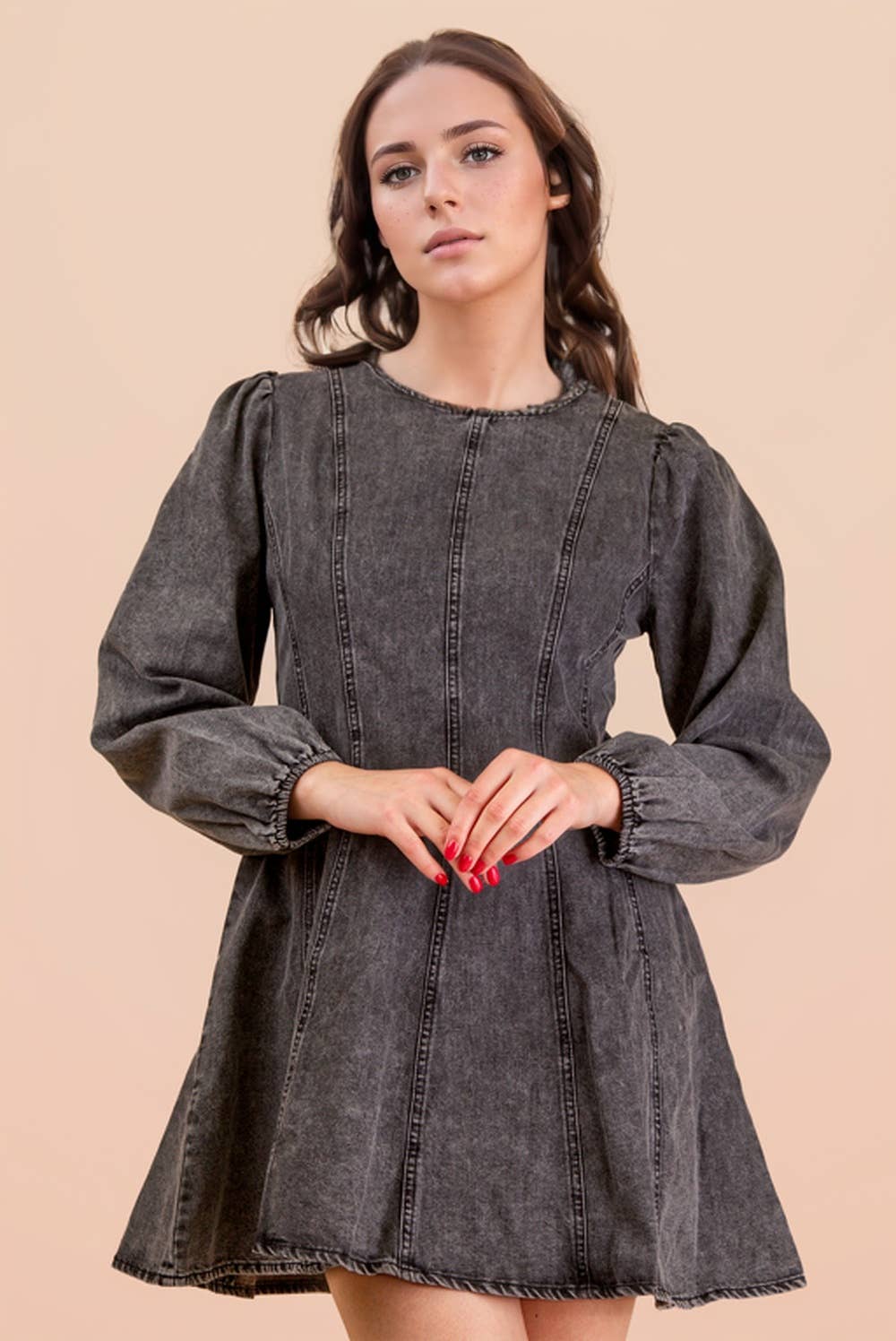 Mineral Washed Denim Mini Dress – Long Sleeve Round Neck