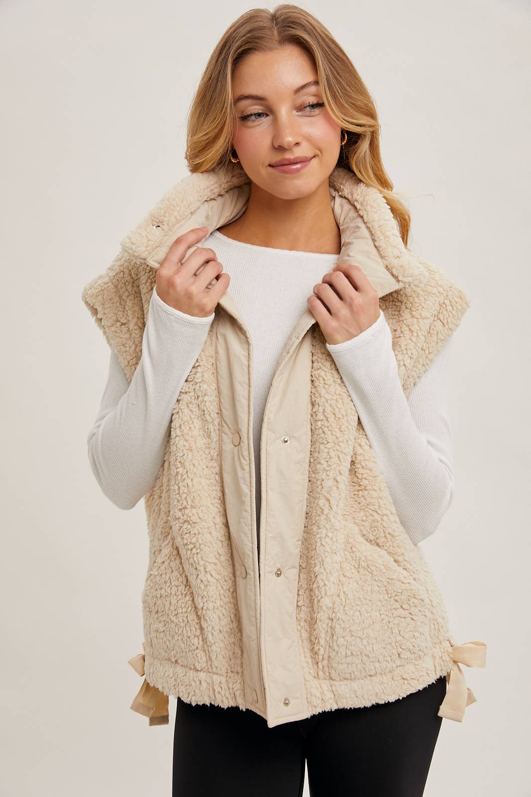 BUTTON DOWN MOCK NECK FLEECE SHERPA VEST