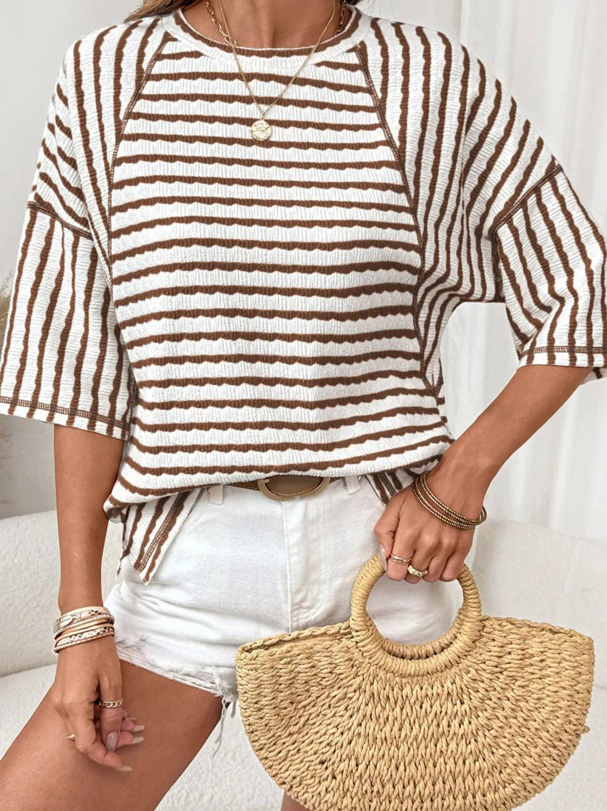 Striped Crew Neck Short Sleeve Blouse