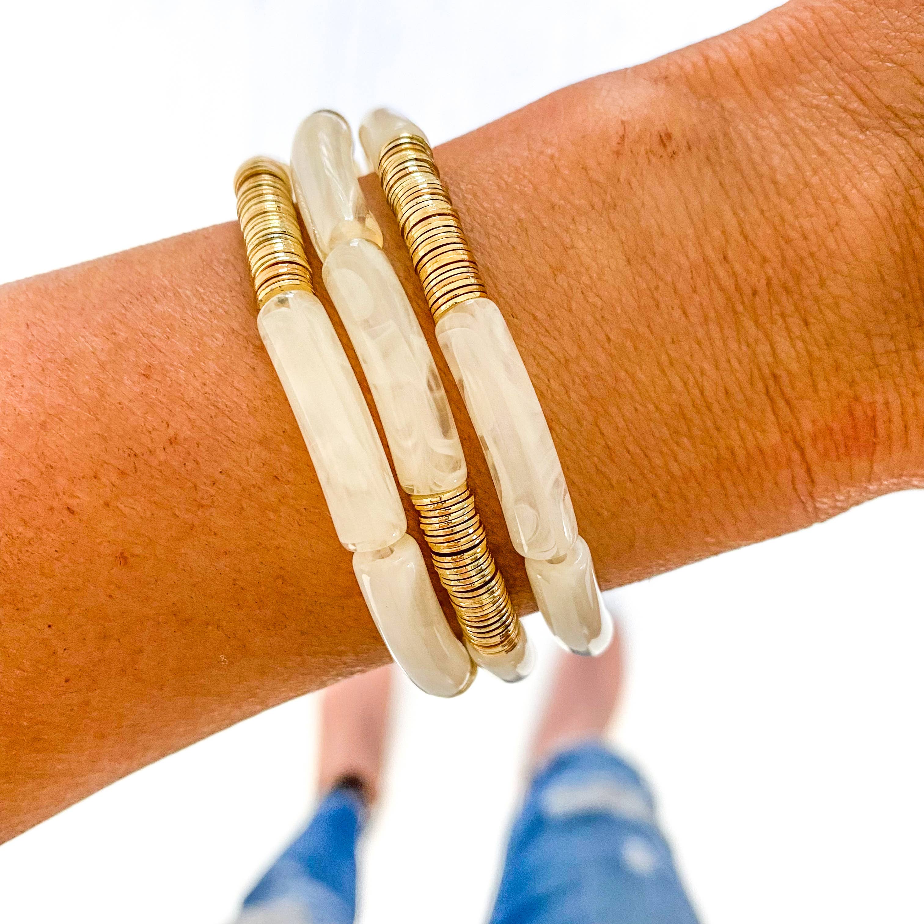 Clear Ivory Marble Acrylic Tube Bamboo Bracelet