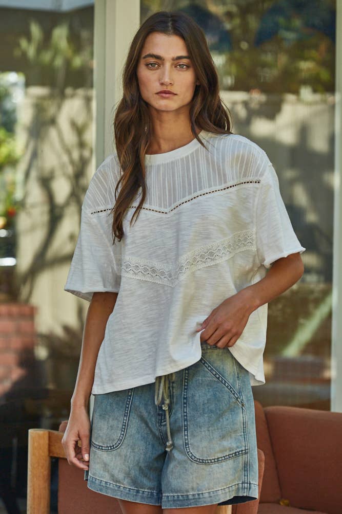 Knit Cotton Crew Short Sleeve Top With Lace Detail