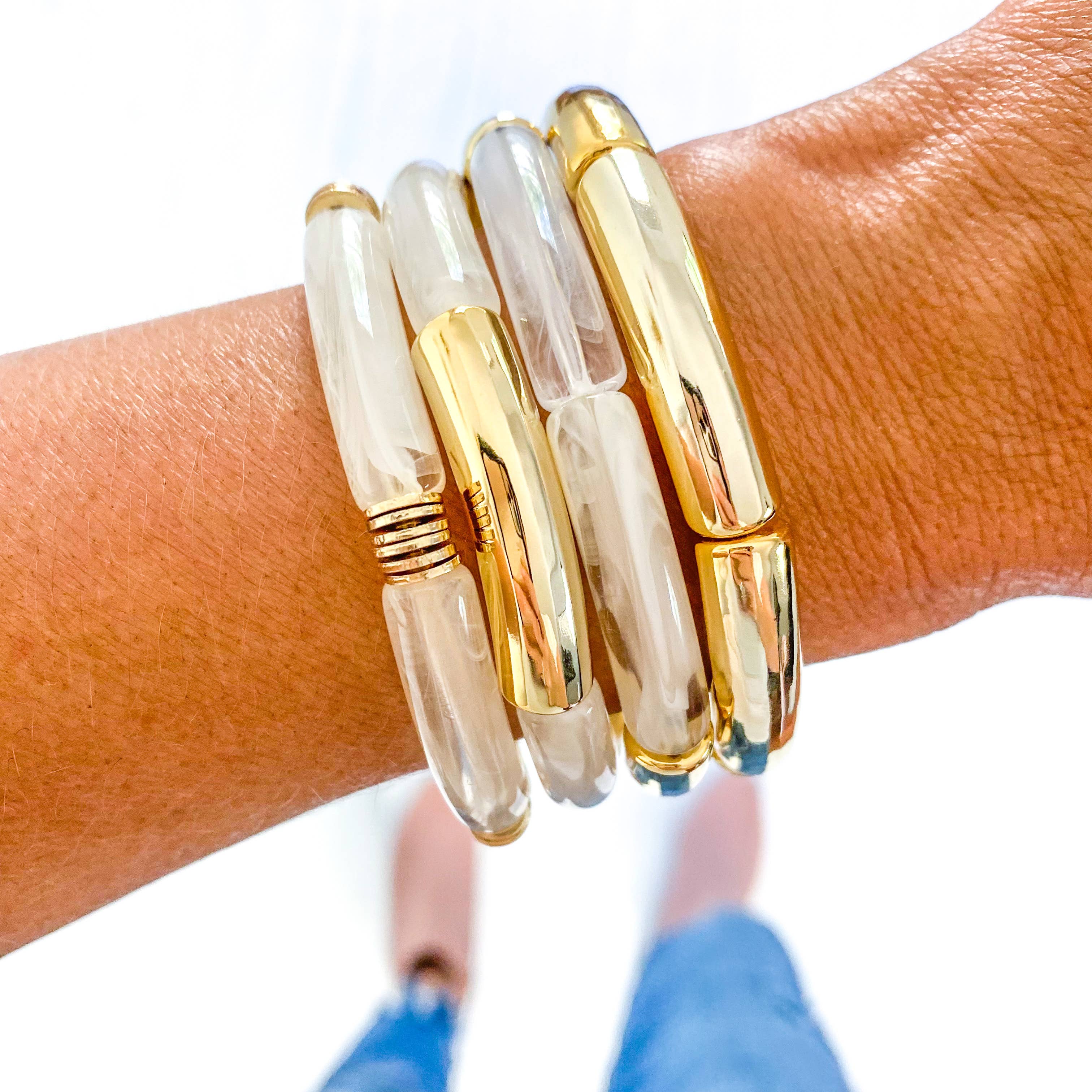 Clear Ivory Marble Acrylic Tube Bamboo Bracelet