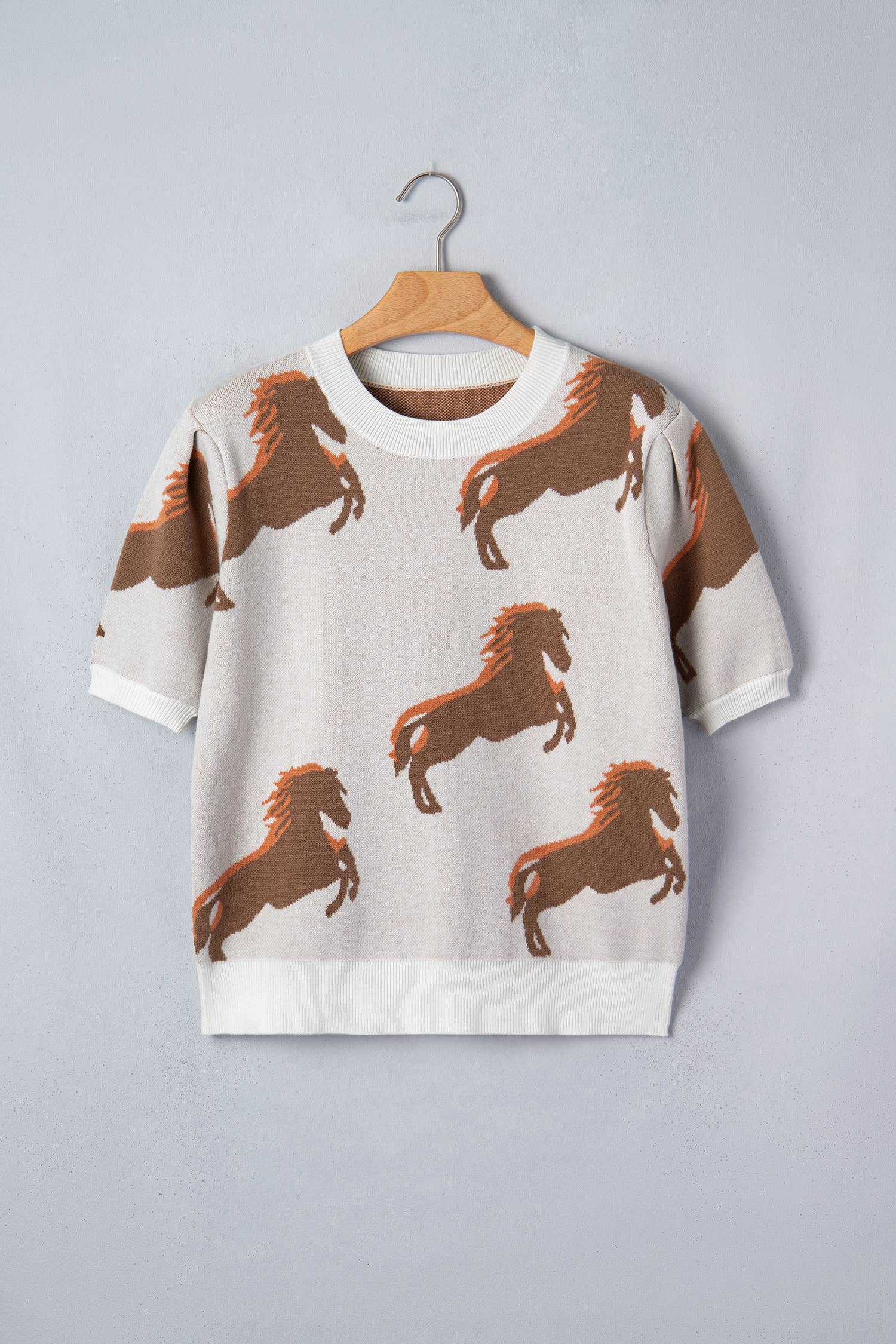 Western Horse Printed Short Puff Sleeve Sweater