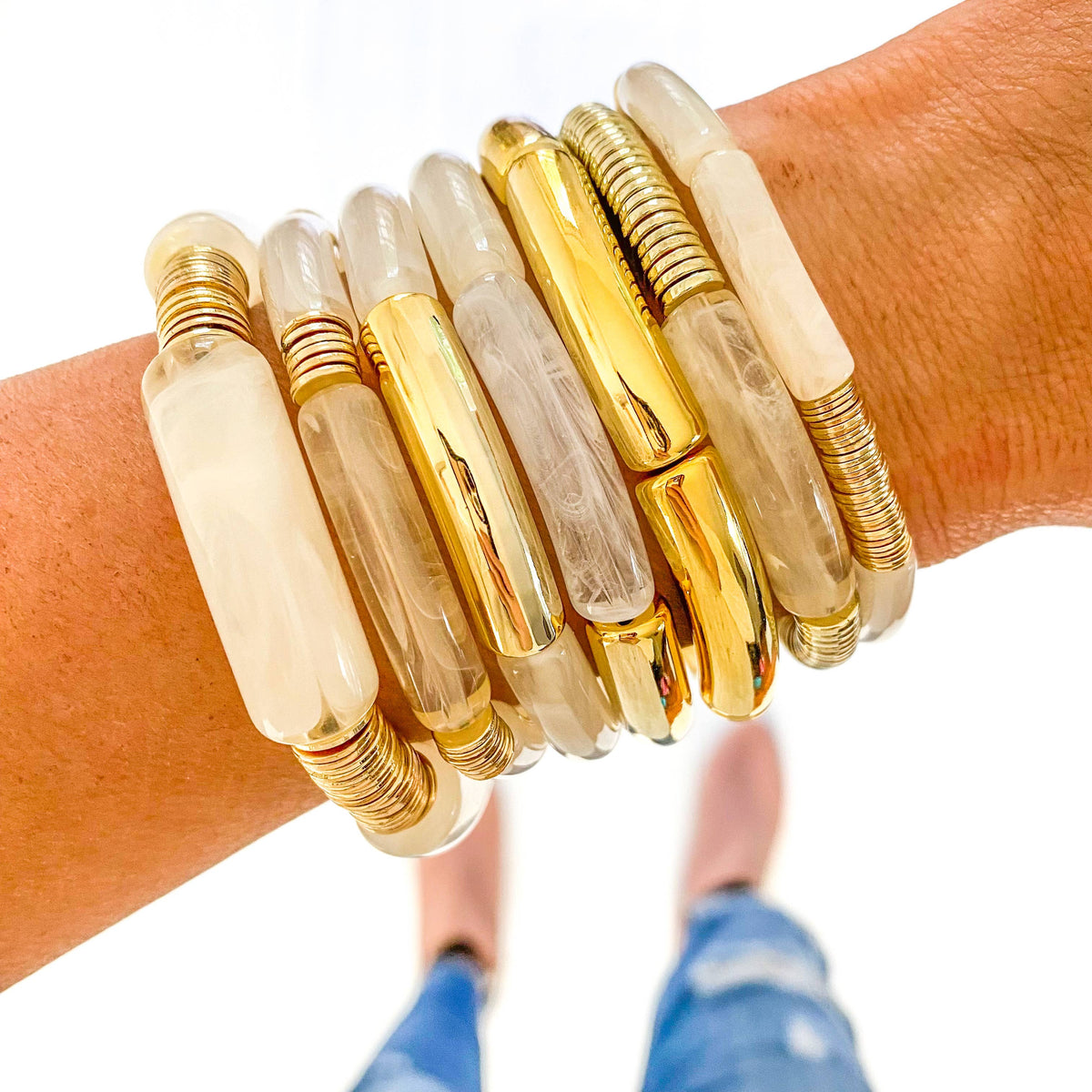 Clear Ivory Marble Acrylic Tube Bamboo Bracelet