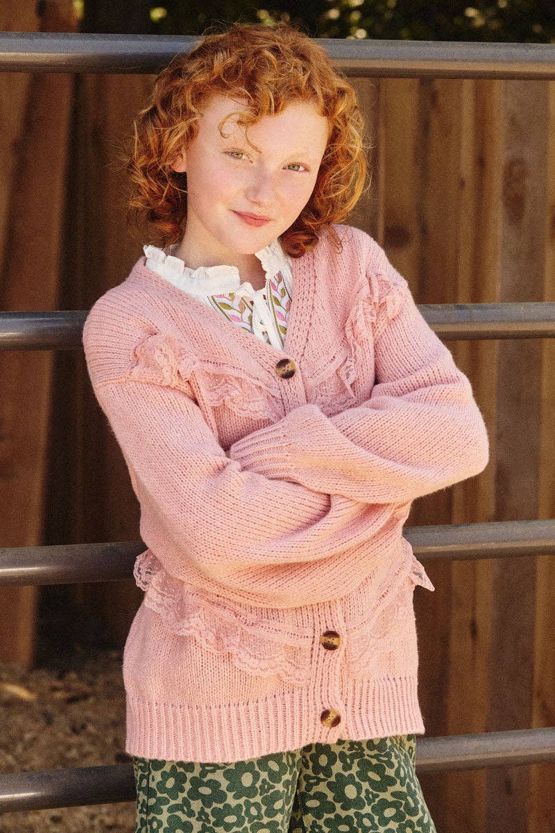 Girls Lace Frilled Buttoned Sweater Cardigan