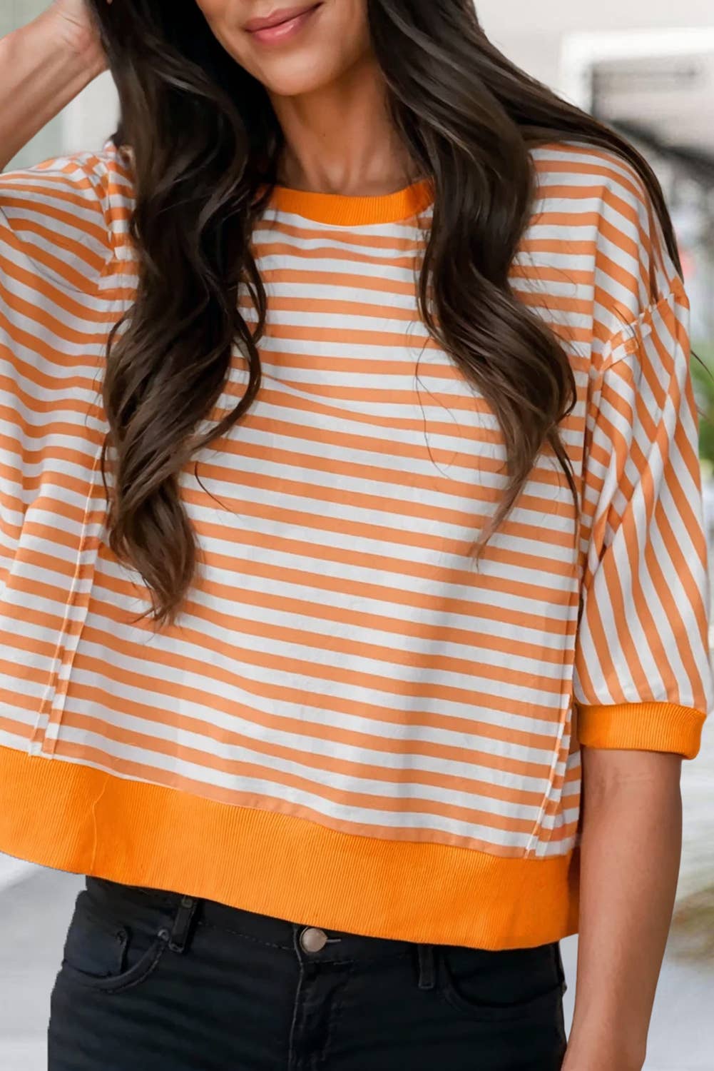 Stripe 3/4 Sleeve Exposed Seam Patchwork Top