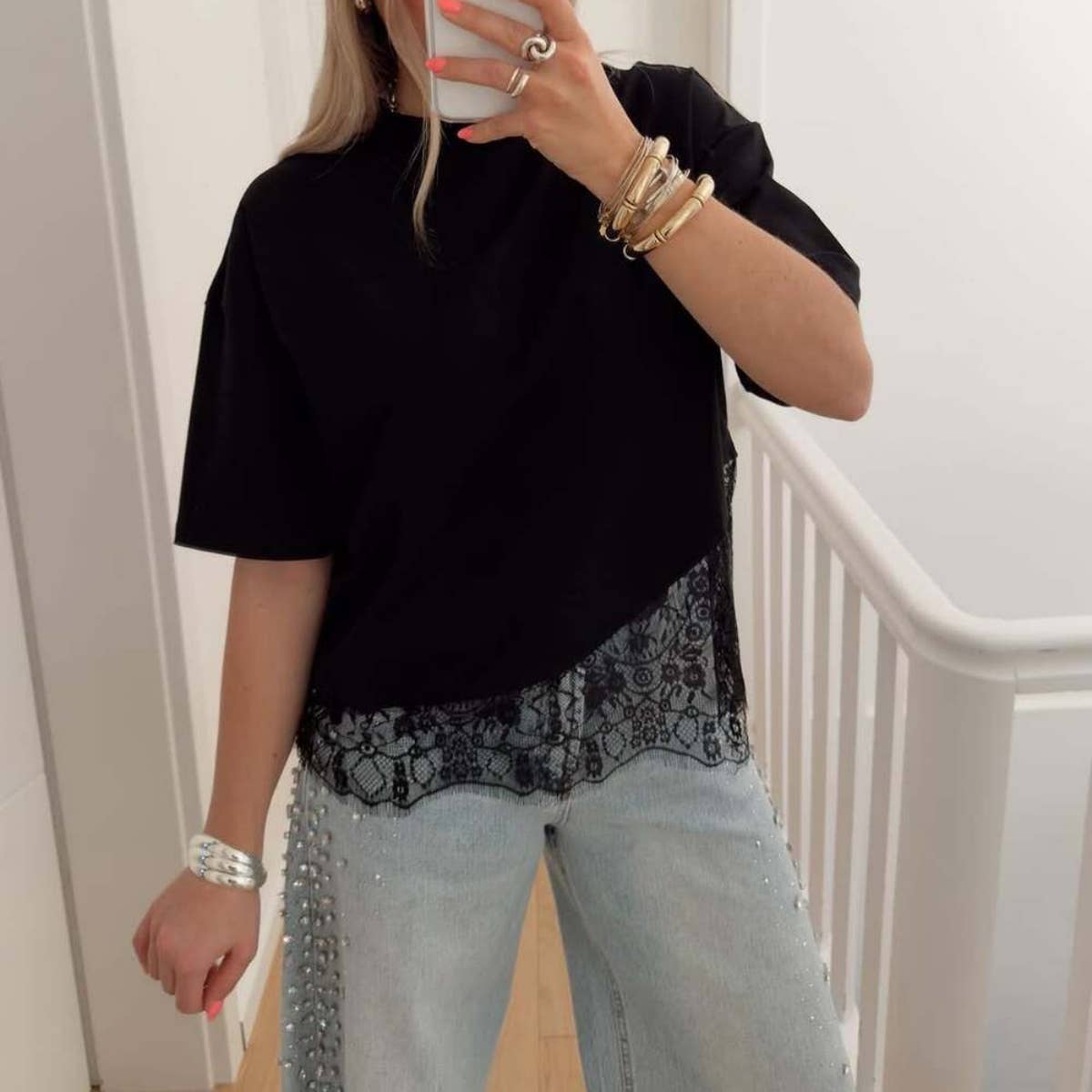 Lace Hem Layered Oversized Tee Top
