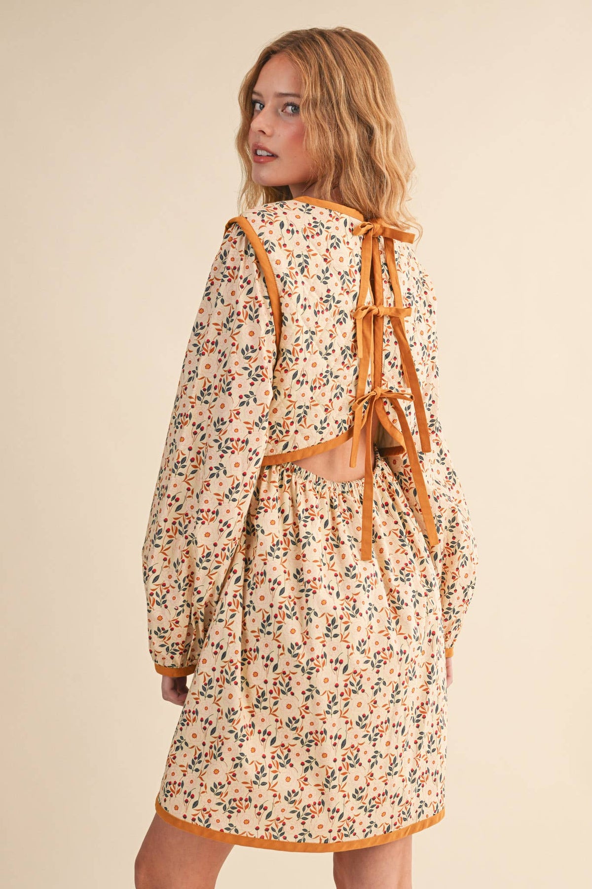 Quilted Floral Mini Dress – Puff Sleeve Open Back Detail